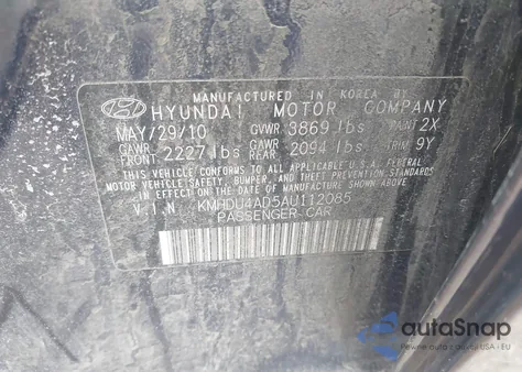 2010 Hyundai Elantra Gls z USA, uszkodzony, nr VIN KMHDU4AD5AU112085